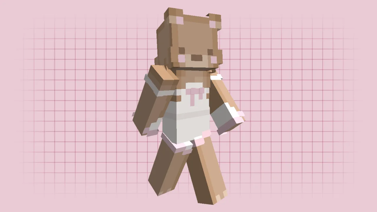 A cute brown Minecraft bear skin wearing a white short dress with pink ribbons and matching pink accents