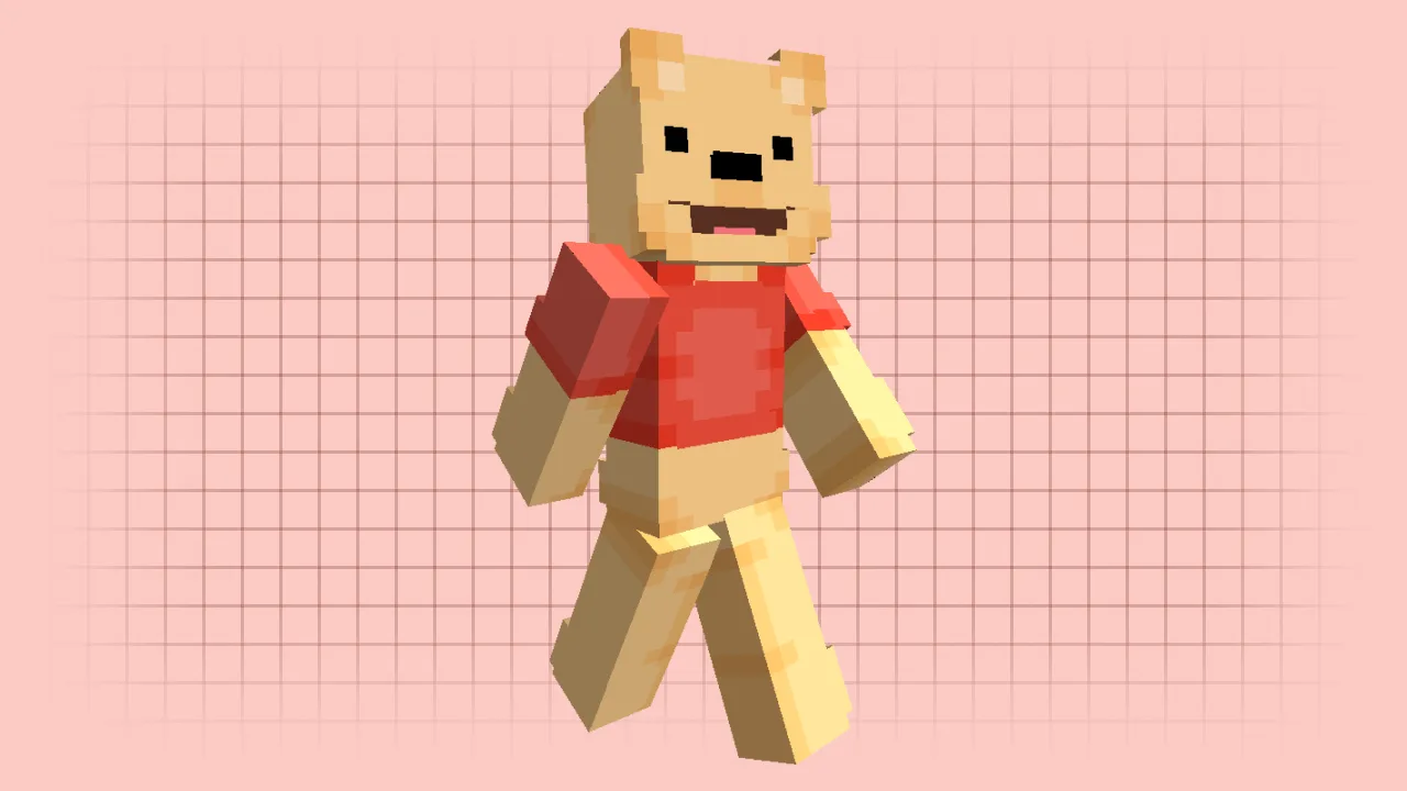 A Minecraft skin of Winnie the Pooh featuring yellow fur and a short red t-shirt