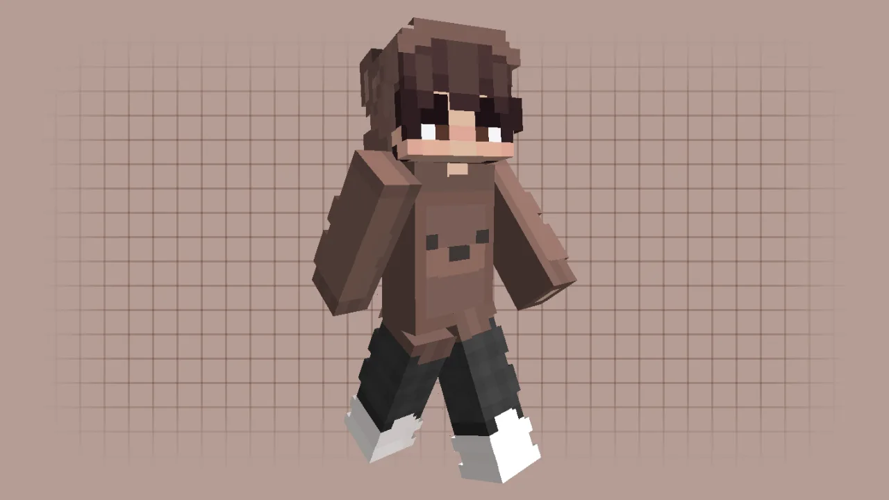 A Minecraft boy skin wearing a brown bear-themed hoodie with the hood pulled up and sneakers