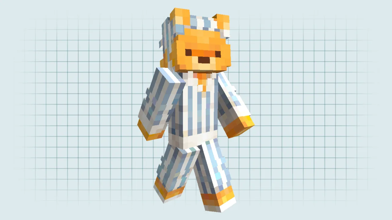 A cute Minecraft skin featuring a brown bear wearing blue and white patterned pajamas