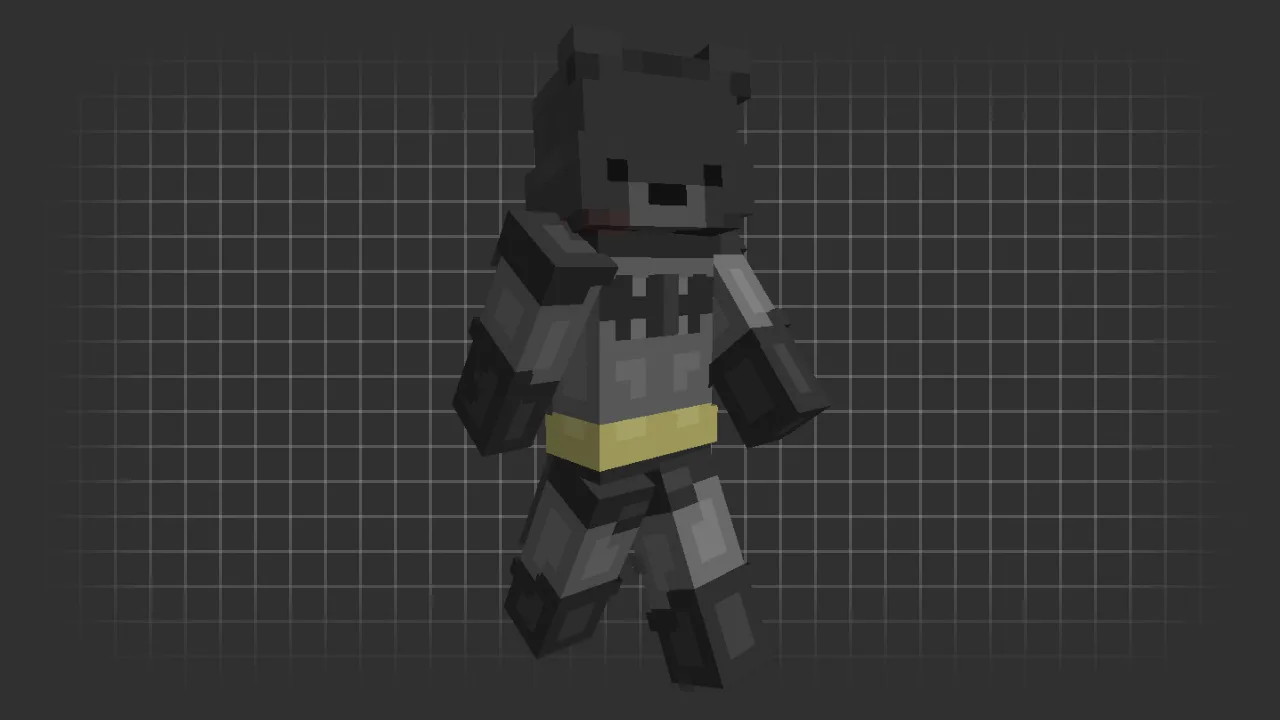 A Minecraft skin of a black bear wearing a grey and black Batman superhero suit with a yellow belt