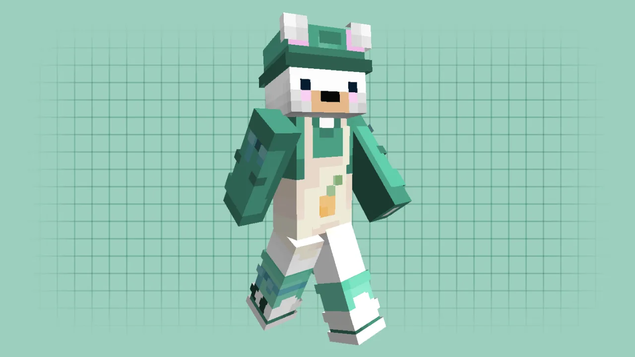 A Minecraft bear skin wearing a teal hat and outfit with a white apron featuring a carrot icon