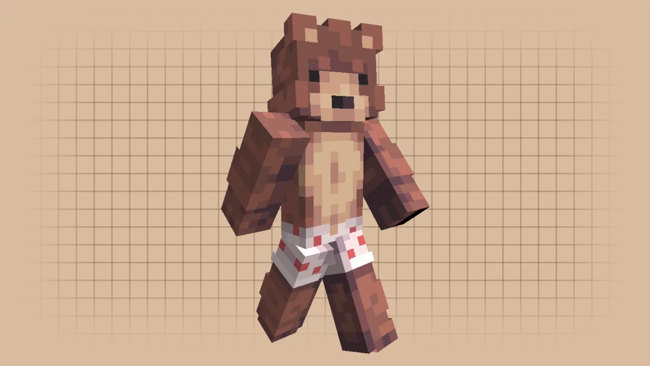 A detailed, realistic brown grizzly bear Minecraft skin wearing red and white polka dot boxers