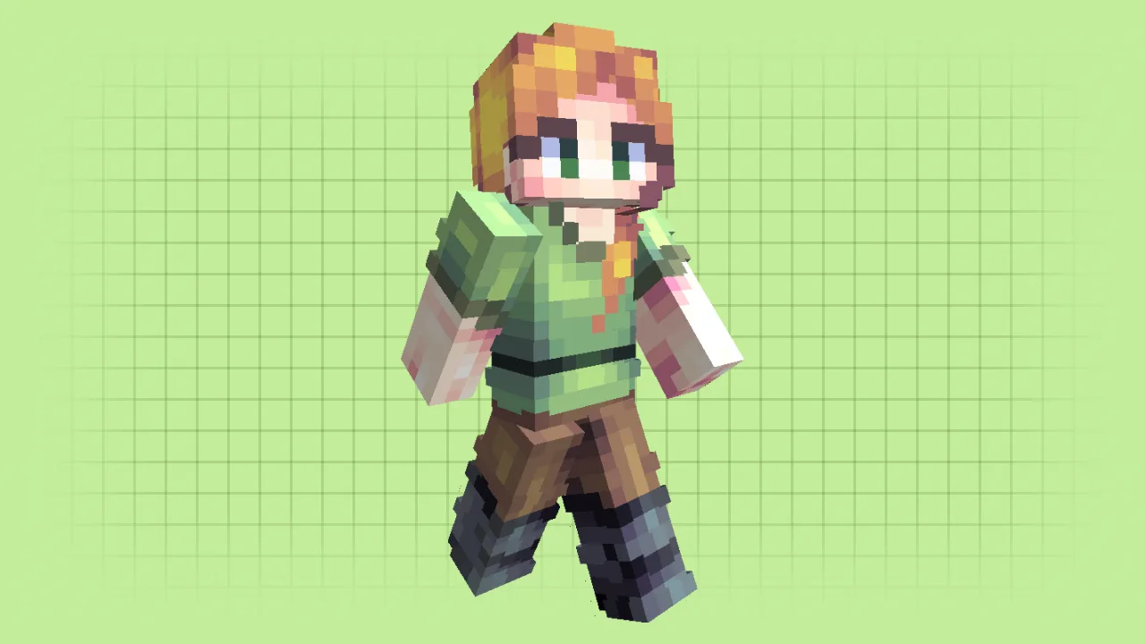 A highly detailed and cute Alex Minecraft skin with improved shading, orange hair, and a green tunic for a slim model