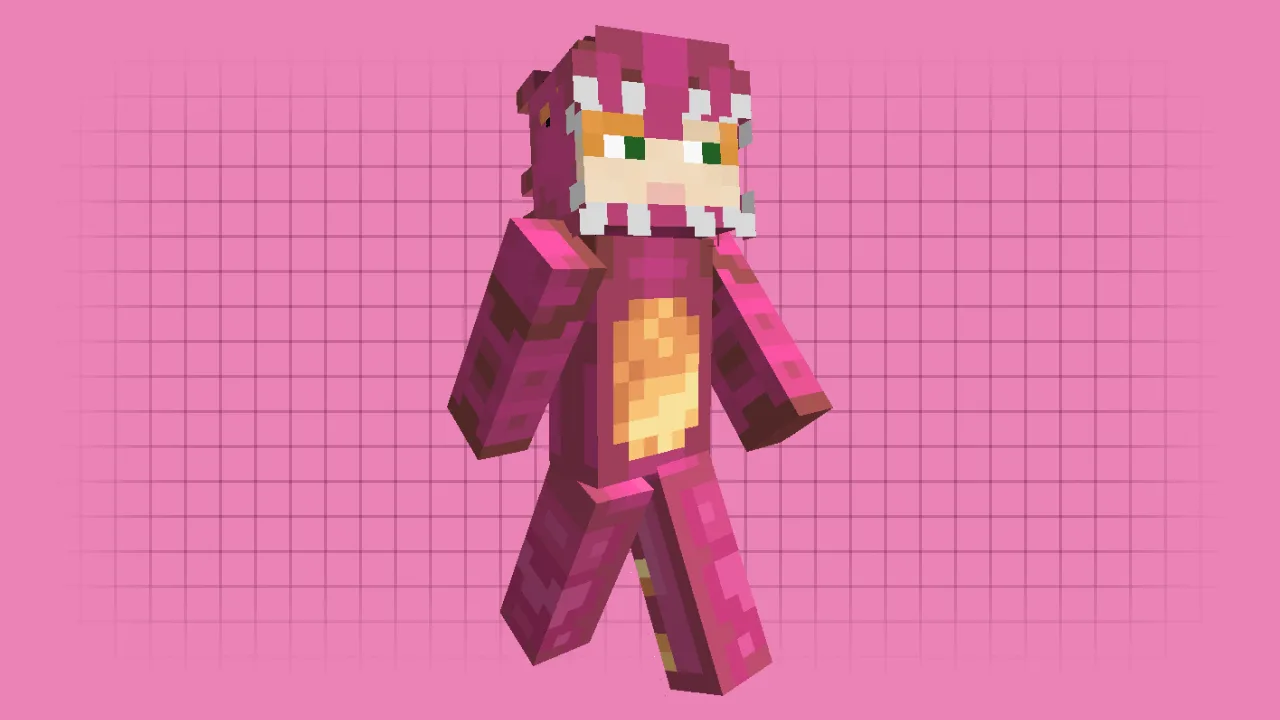 A cute Alex Minecraft skin wearing a bright pink dinosaur onesie with white teeth and spikes on a slim model