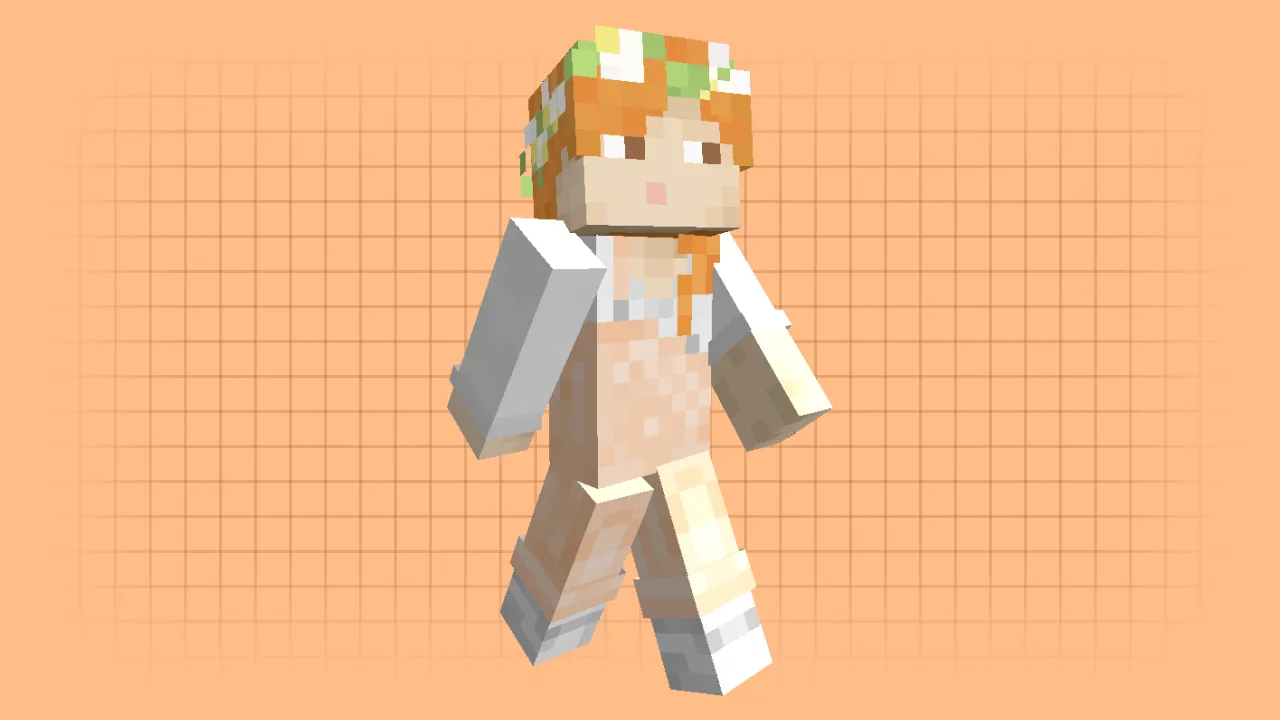 A cute Alex Minecraft skin wearing a casual white top, beige pants, and a beautiful green and white flower crown