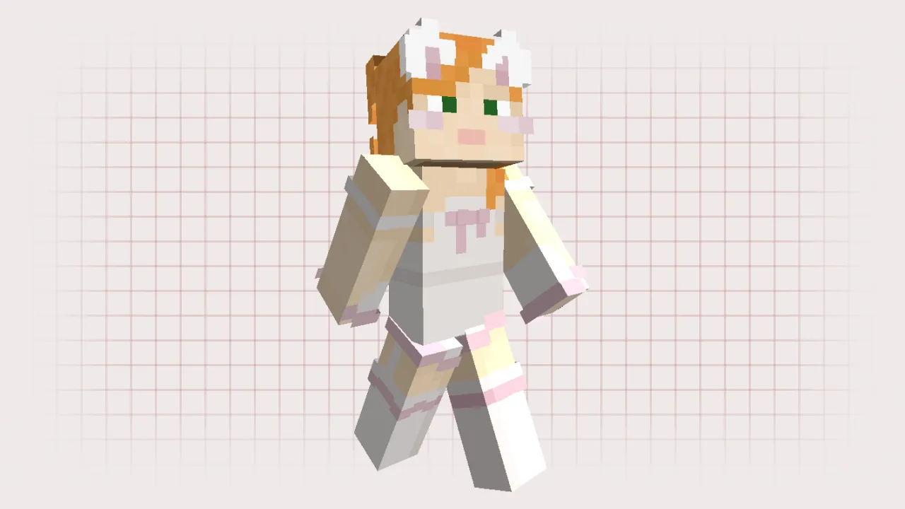 A stylish and sexy cat-themed Alex Minecraft skin with white clothing, pink ribbons, and cat ears