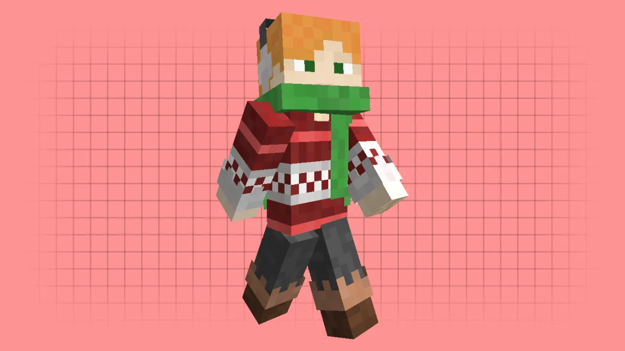 Alex Minecraft skin wearing a red Christmas sweater, a long green scarf, and grey earmuffs for a winter look