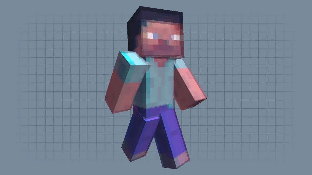 A Minecraft Steve skin with a red and blue 3D glasses glitch effect for a trippy look