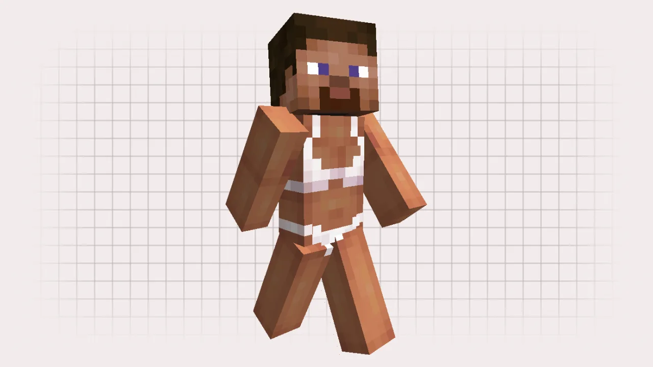A funny Minecraft skin of Steve wearing a white bikini and looking ready for the beach.