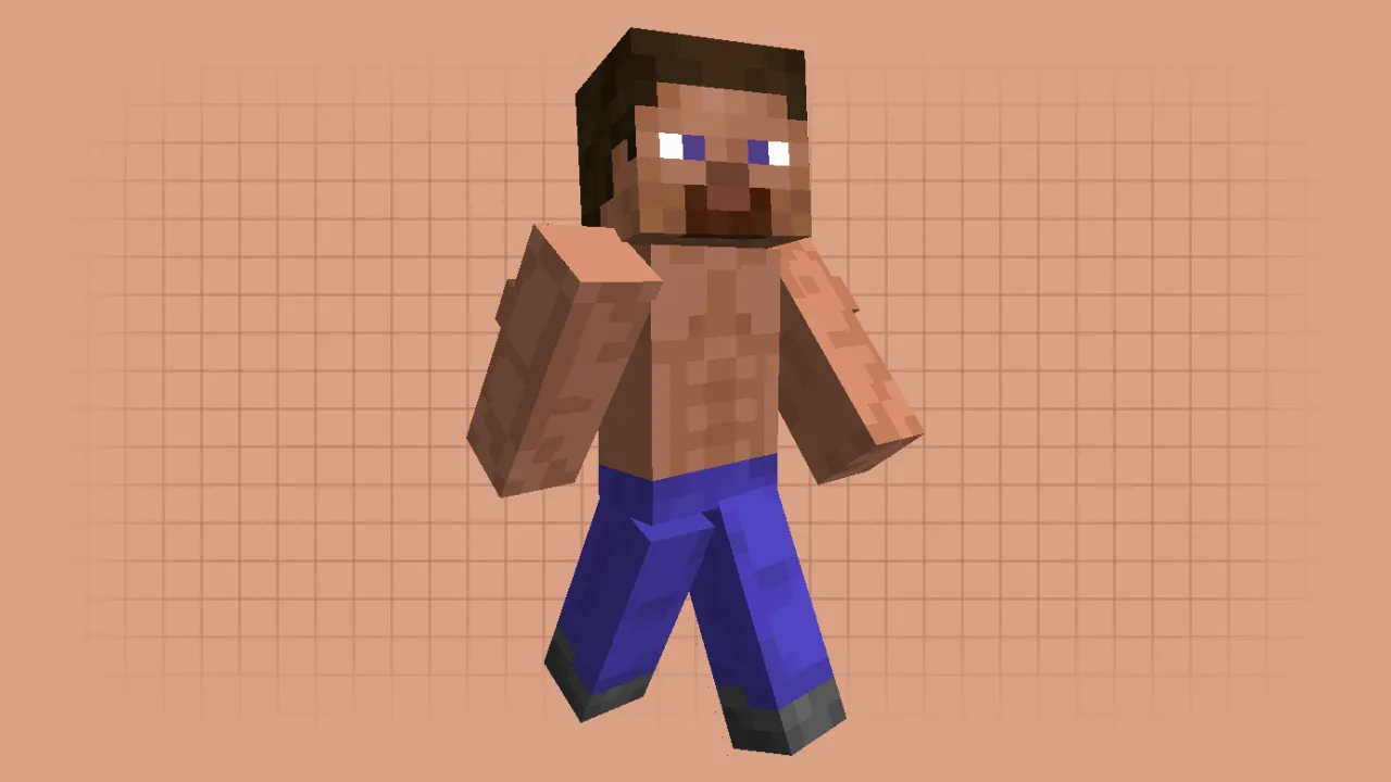 A muscular Minecraft Steve skin without a shirt showing off big muscles and his classic blue pants