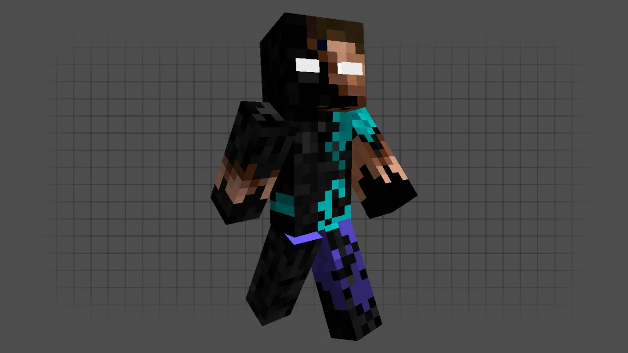 A corrupted Minecraft Steve skin with a black glitch effect over half his body and glowing white eyes