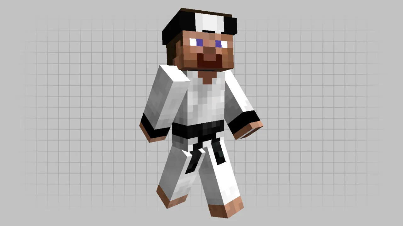 Minecraft Steve skin wearing a white karate uniform with a black belt and headband