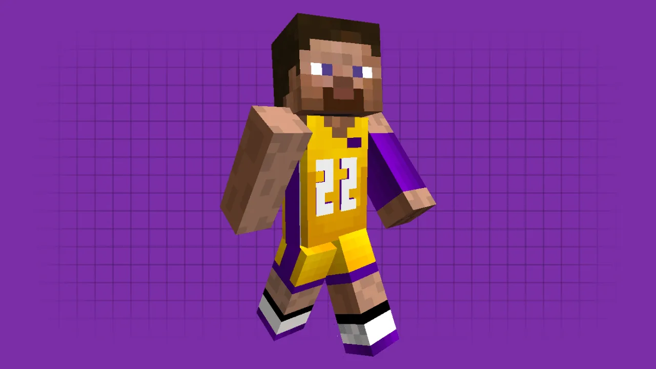 Minecraft Steve skin wearing a Los Angeles Lakers purple and gold basketball jersey