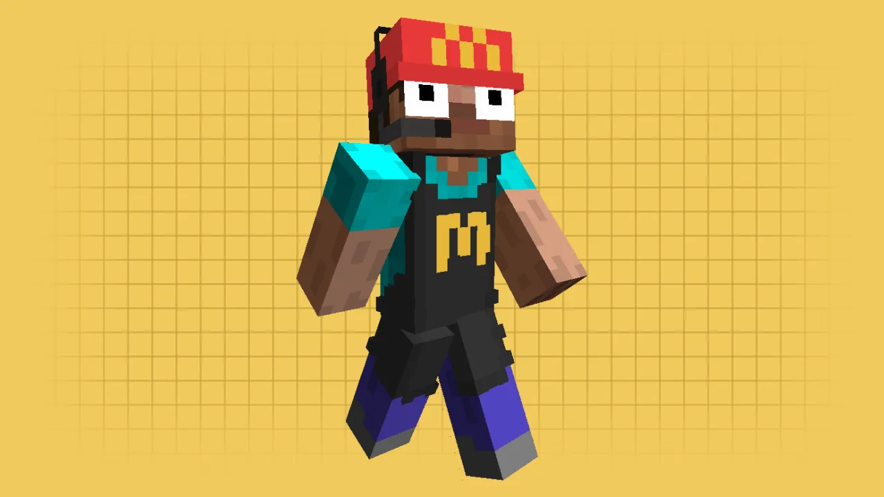 A funny Minecraft Steve skin wearing a McDonald's uniform with giant bulging eyes and a headset