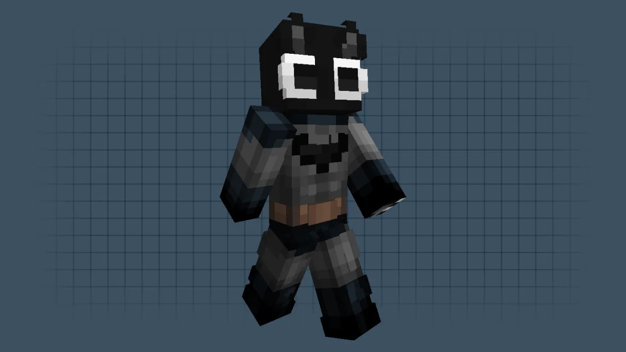 A black Minecraft cat skin wearing a Batman costume with a yellow belt and bat ears