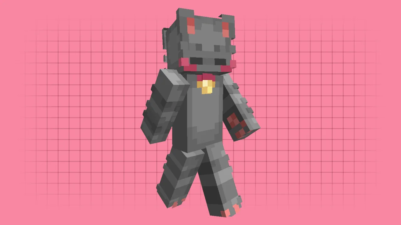 A grey striped Minecraft cat skin with pink blushing cheeks and a red collar with a gold bel
