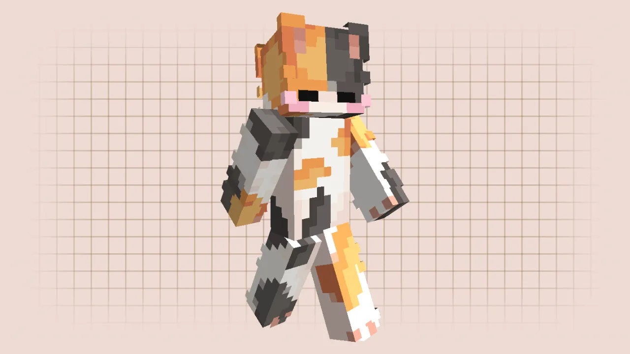 A white Minecraft cat skin with orange and grey spots, pink blushing cheeks, and a yellow collar