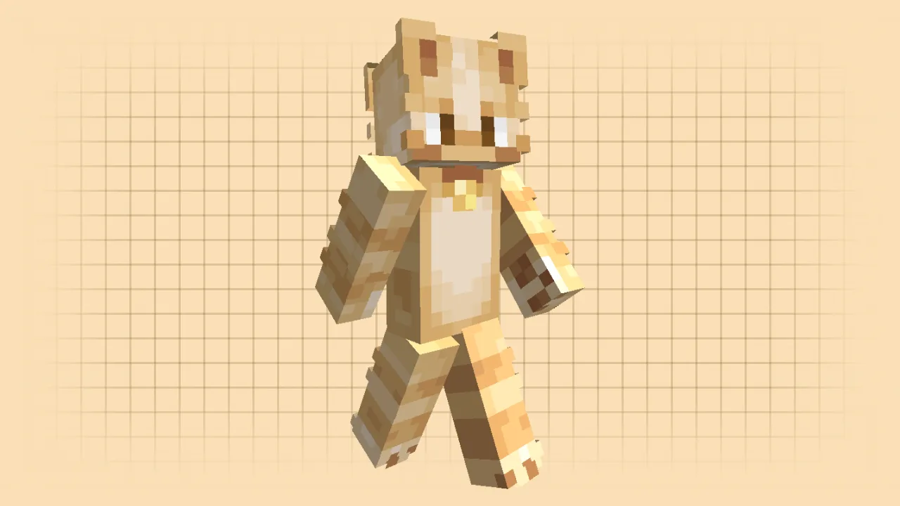 A light beige and tan striped Minecraft cat skin with white eyes and a small bell collar
