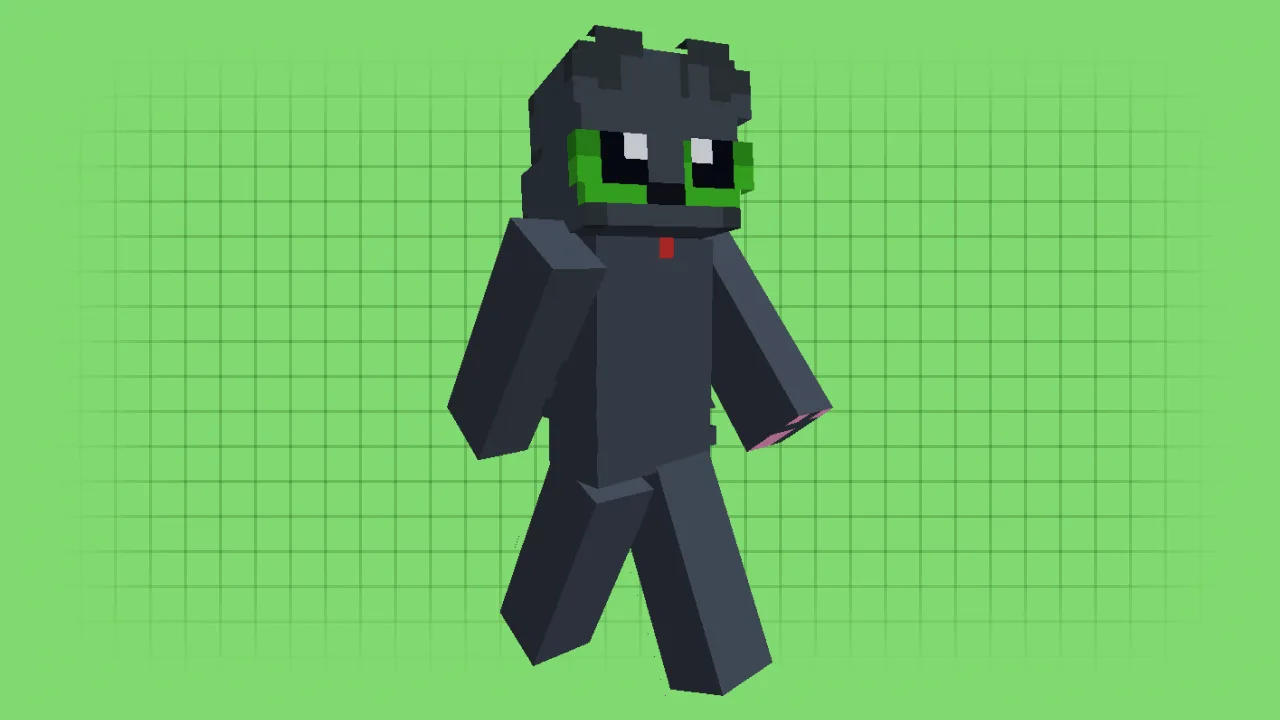 A dark grey Minecraft cat skin with vibrant green eyes and a small red collar