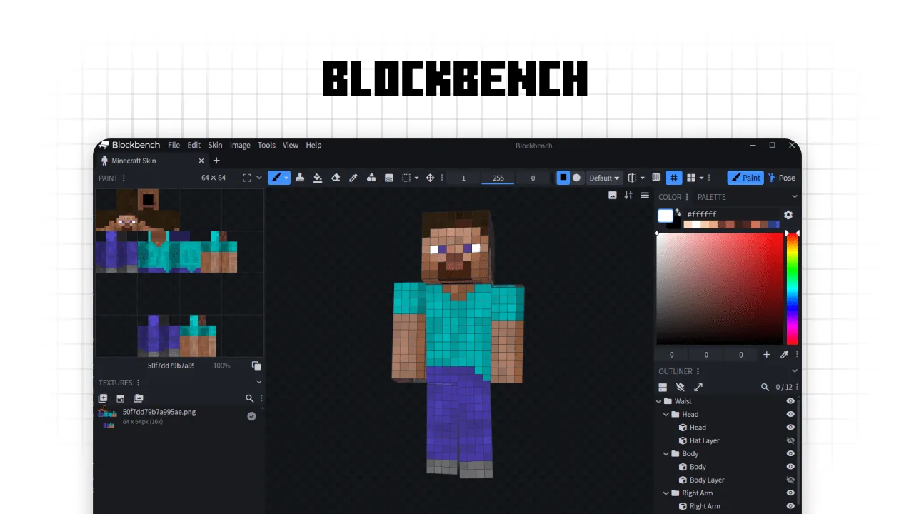 Professional Blockbench interface showing a 3D Minecraft Steve model with advanced painting tools, a texture UV map, and a detailed layer outliner