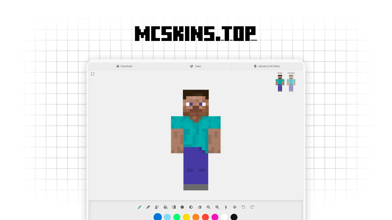 TThe MCSkins top editor interface showing a central 3D Steve model surrounded by advanced tools like Image2Skin, color palettes, and a symmetry toggle