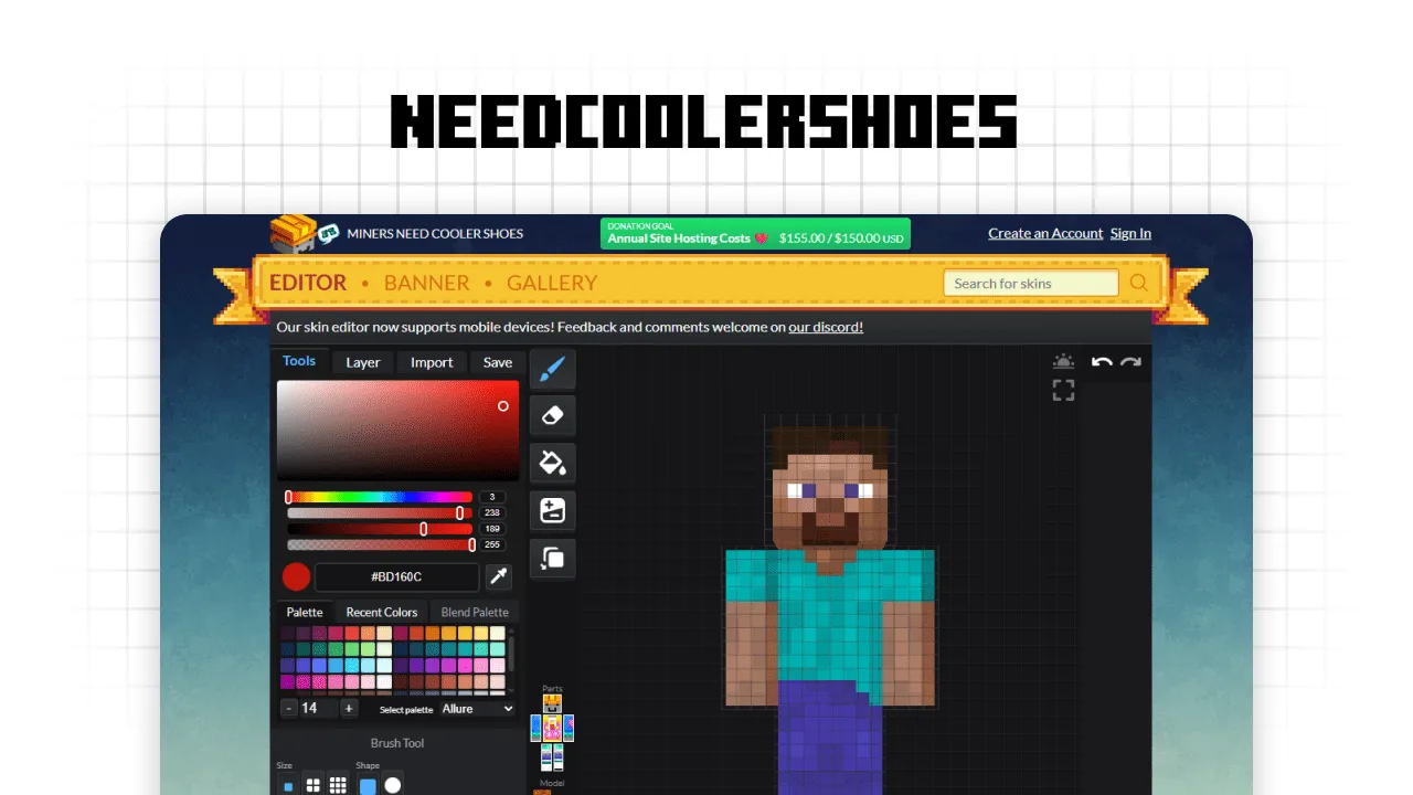 Screenshot of the Miners Need Cooler Shoes Minecraft skin editor featuring a 2D Steve model and a professional color picker tool