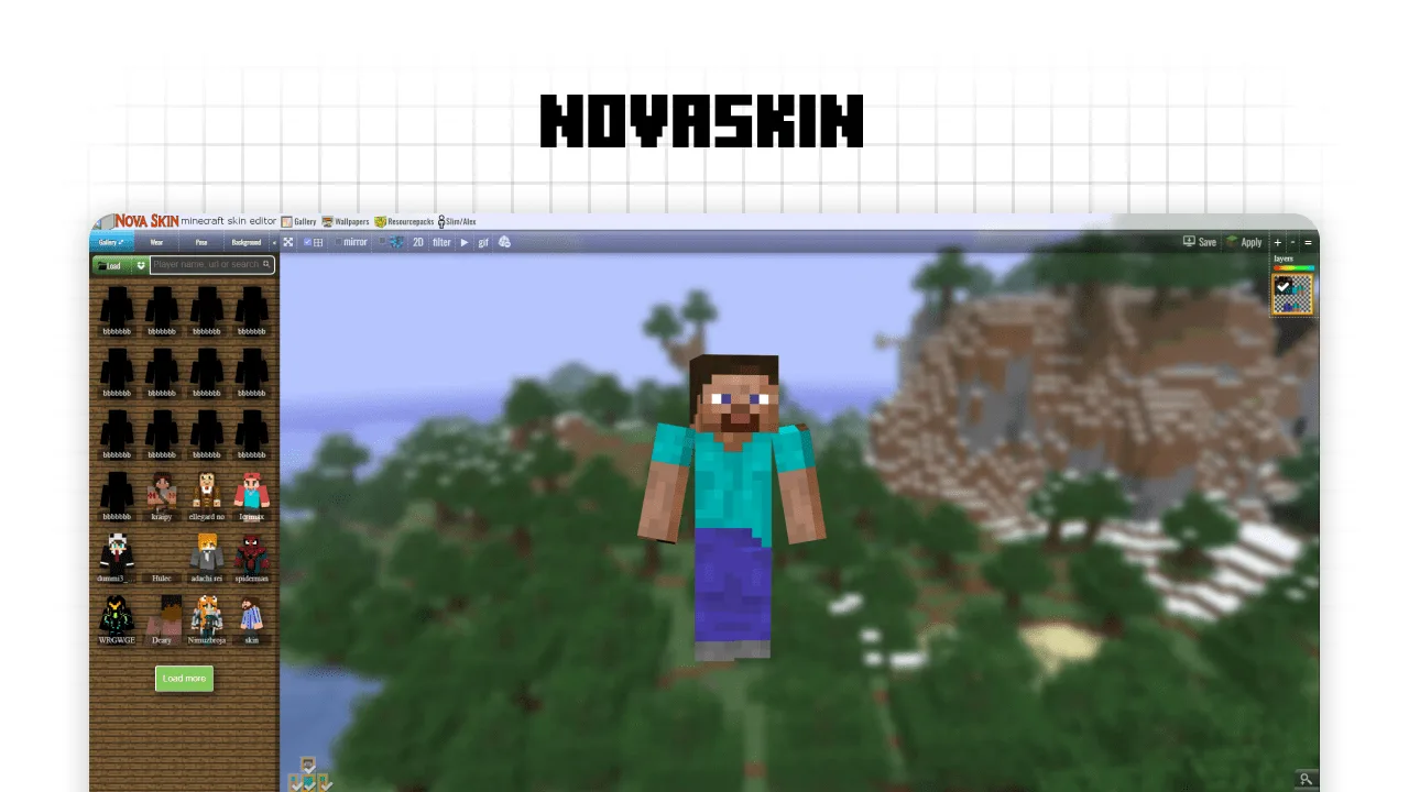 Nova Skin editor interface showing a 3D Minecraft character model in a forest background with a side gallery of community-made skins