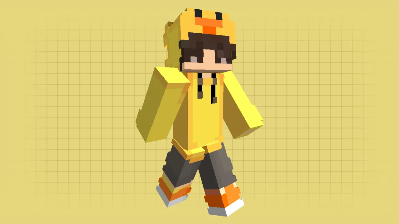 Minecraft skin of a boy with brown hair wearing a yellow duck hoodie and gray pants