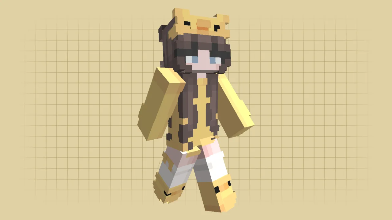 Minecraft skin of a girl with long brown hair wearing a yellow duck hat, outfit, and duck slippers