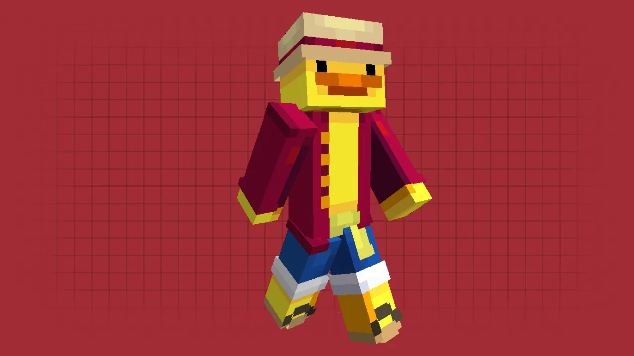 Yellow duck Minecraft skin dressed as Luffy from One Piece with a straw hat and red shirt