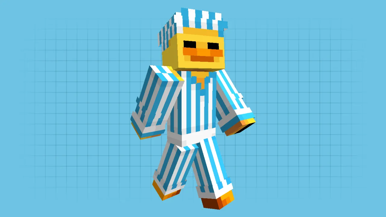 Yellow duck wearing blue and white striped pajamas and a nightcap Minecraft skin