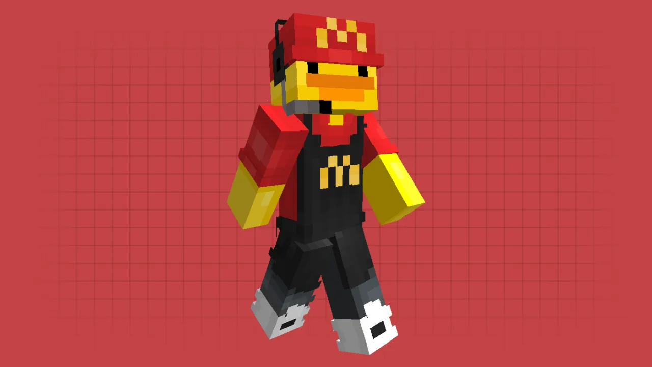 Yellow duck wearing a red McDonald's uniform and headset Minecraft skin
