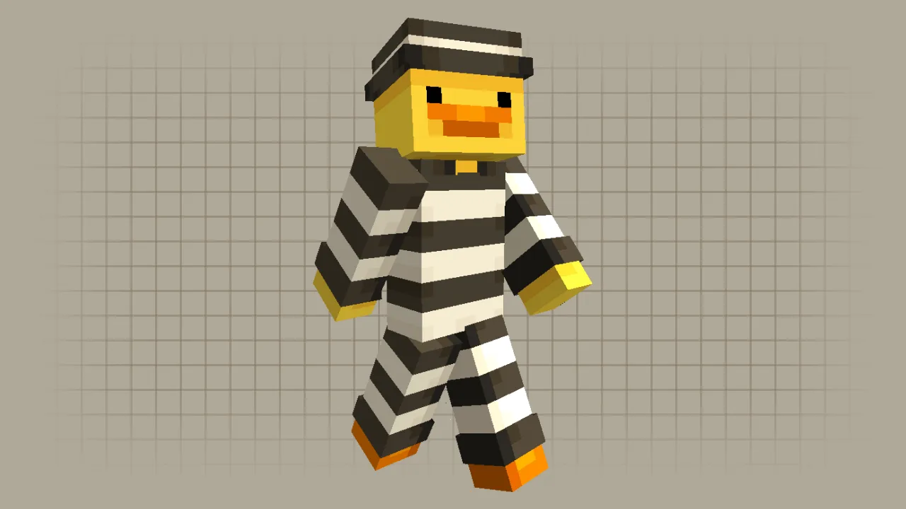 Minecraft skin of a yellow duck wearing a black and white striped prisoner outfit and hat