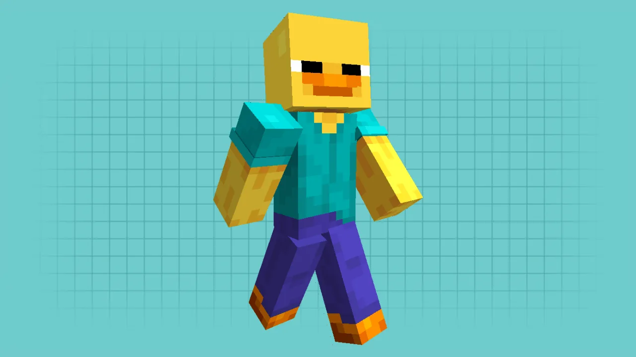 Yellow duck Minecraft skin wearing Steve’s teal shirt and purple pants