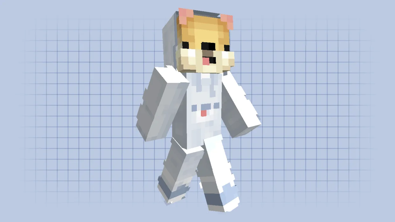 A Minecraft dog skin wearing a white NASA-style astronaut space suit with a transparent helmet