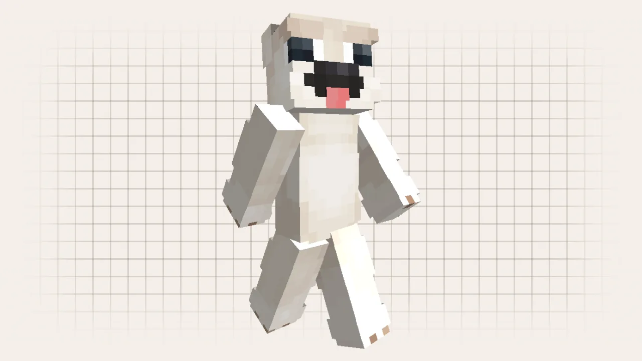 A cute Minecraft skin of a pug dog with a flat face, big eyes, and its tongue hanging out.