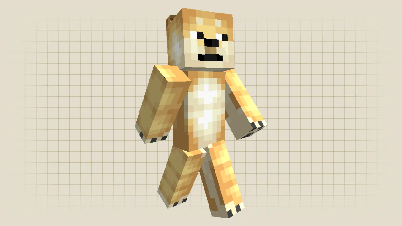 A Minecraft skin of the famous Doge meme Shiba Inu dog with golden fur and a funny expression