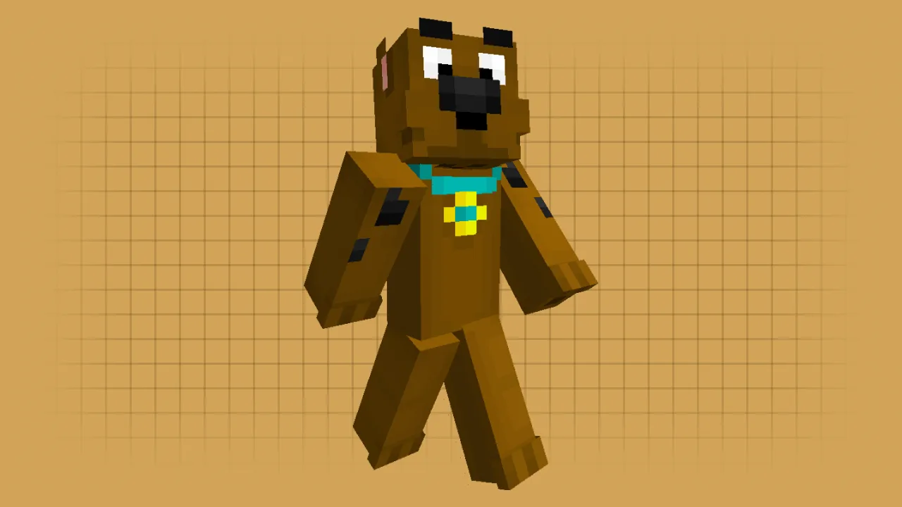 A Minecraft skin of Scooby-Doo the dog featuring brown fur with black spots and a blue collar with a yellow tag