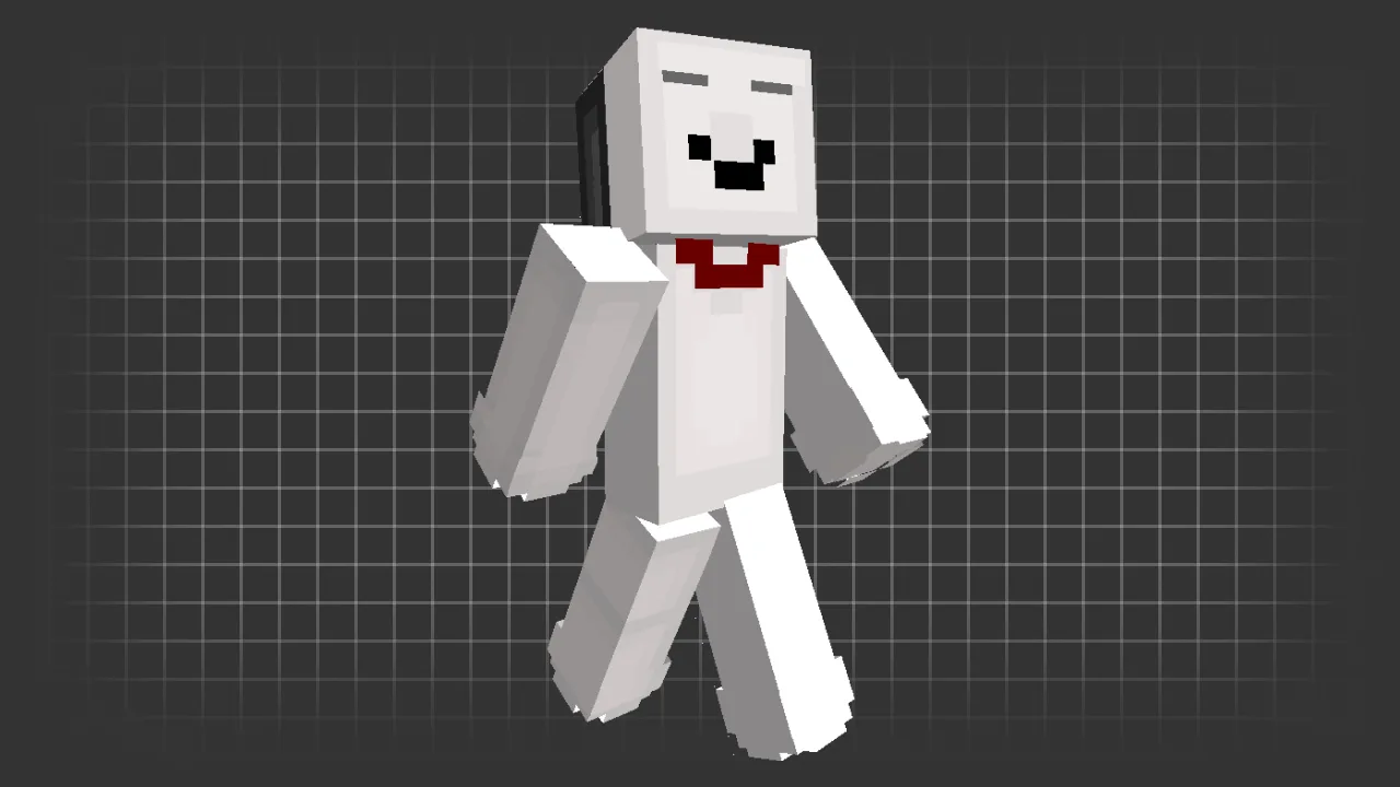 A white Minecraft skin of Snoopy the dog with black ears and a bright red collar around the neck