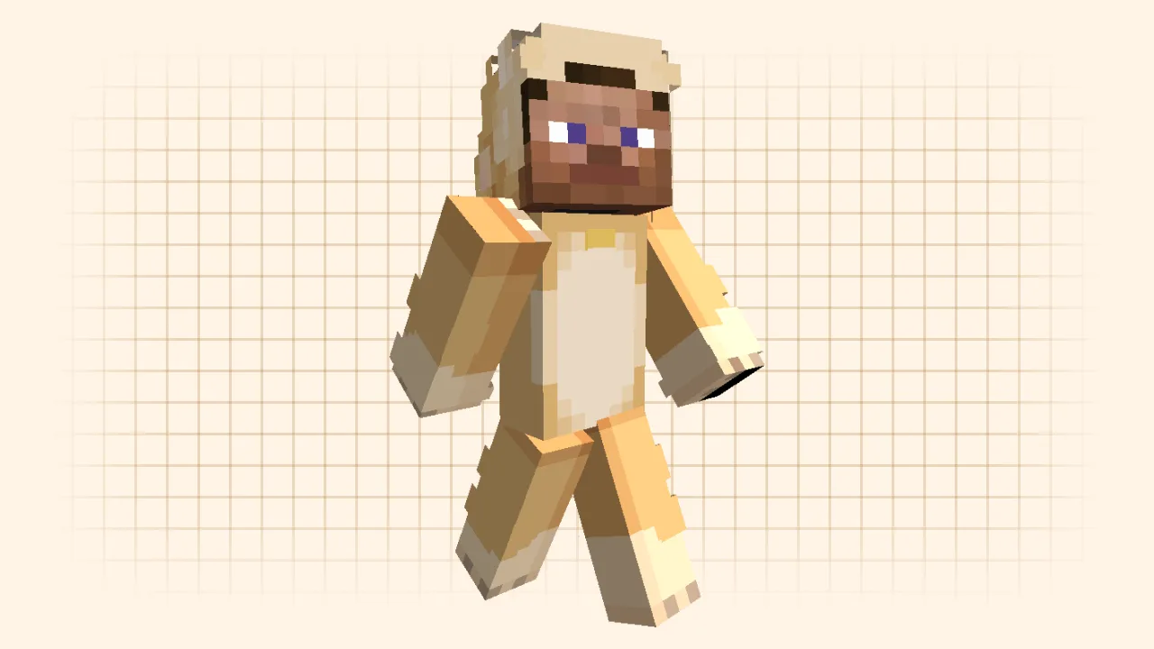A Minecraft skin of the character Steve wearing a fluffy orange Shiba Inu dog onesie costume