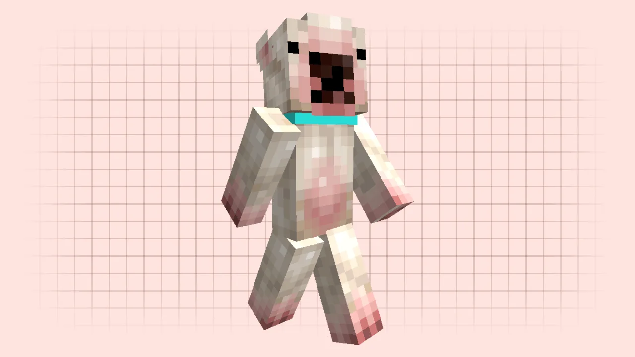 A Minecraft skin of a white Bull Terrier dog with a teal collar and a funny expression