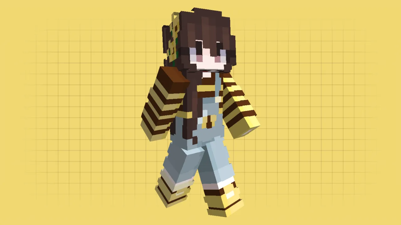 Aesthetic Minecraft girl skin with long brown hair, a sunflower crown, and bee-themed overalls with a striped shirt