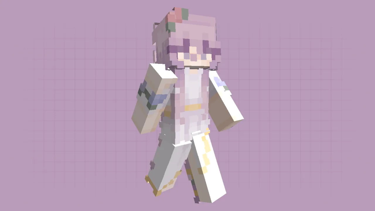 Aesthetic Minecraft girl skin with pastel purple hair, flower crown, and a white Greek toga dress