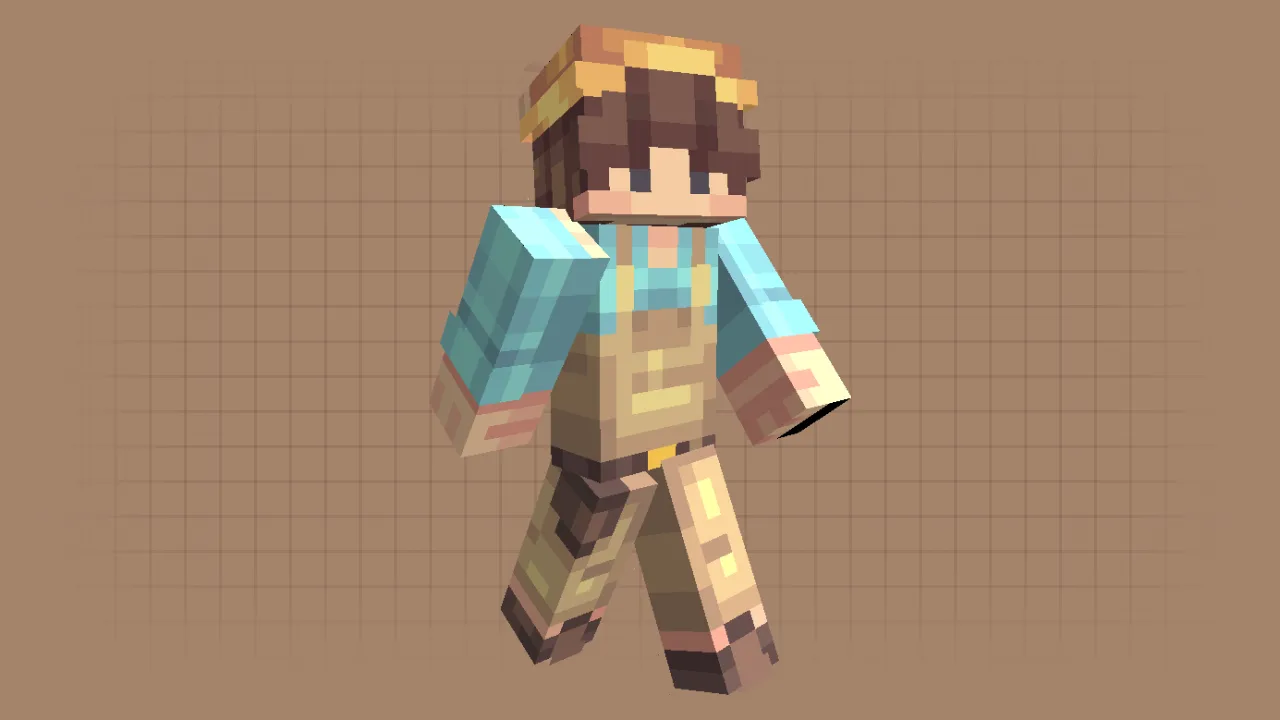 Aesthetic Minecraft boy skin wearing tan overalls, a blue shirt, and a yellow straw hat