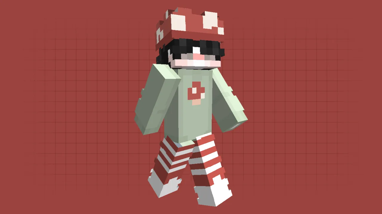 Aesthetic Minecraft boy skin wearing a large red mushroom hat, a green sweater, and red striped pants