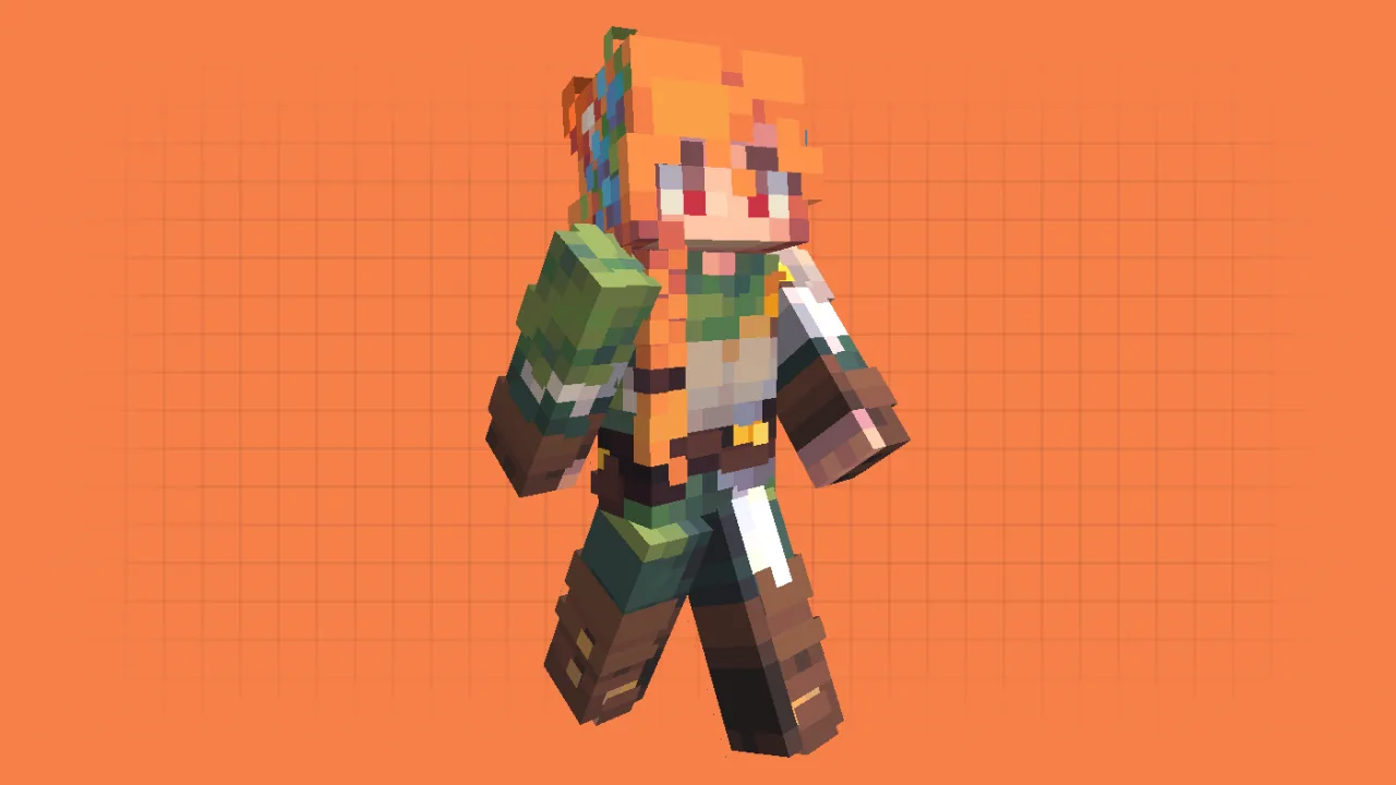 Aesthetic Minecraft girl skin with long orange hair, green gardening gloves, and brown hiking boots
