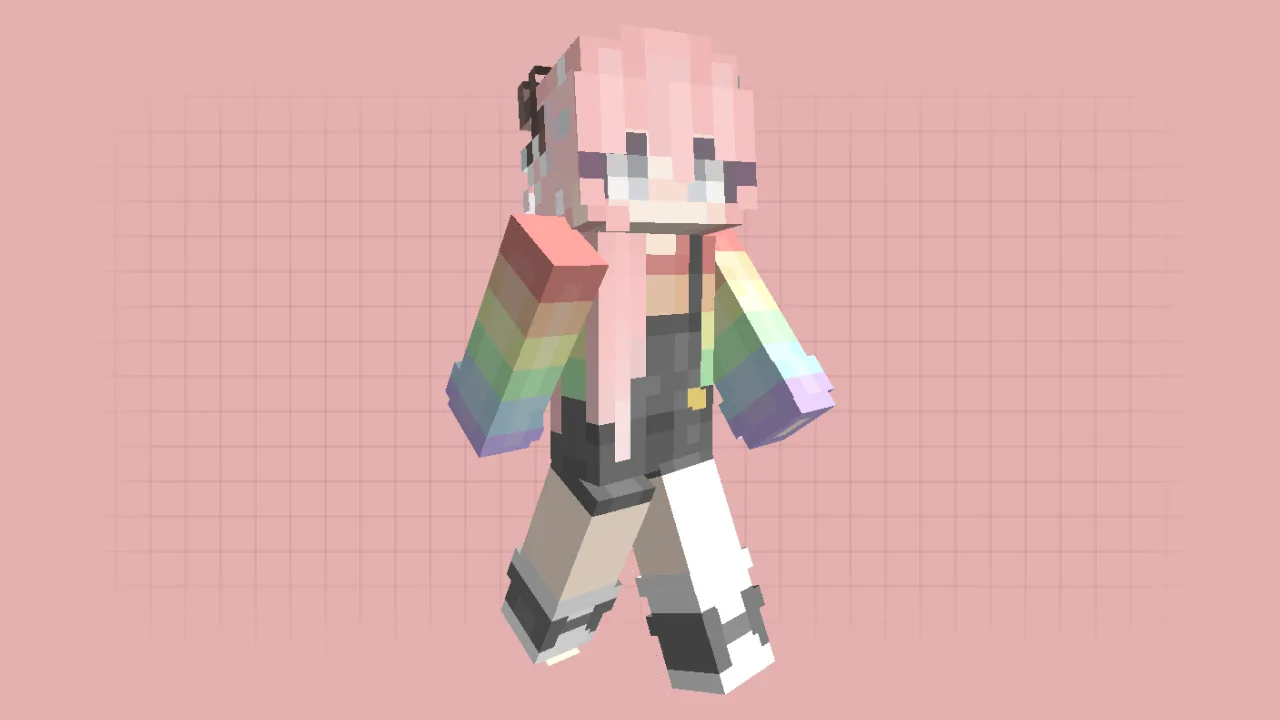 Aesthetic Minecraft girl skin with pastel pink hair, a rainbow-striped shirt, and black denim overalls