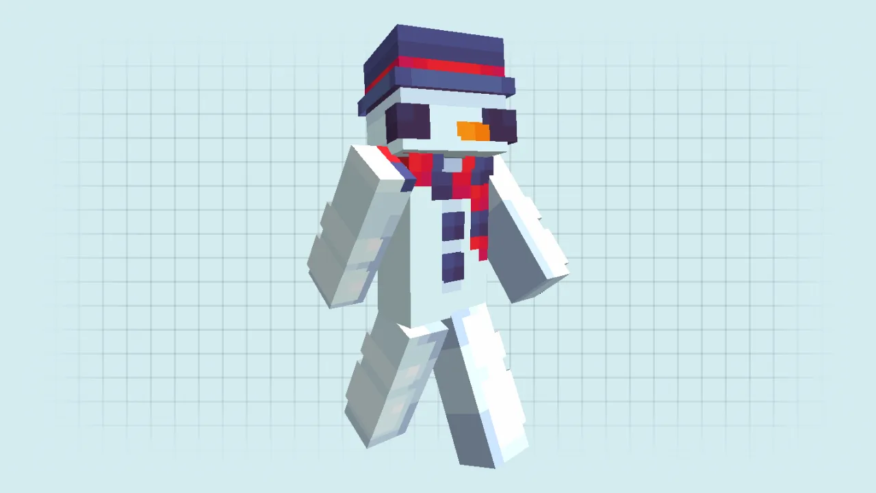 Cute Minecraft snowman skin wearing a purple hat and a red and blue scarf with a carrot nose