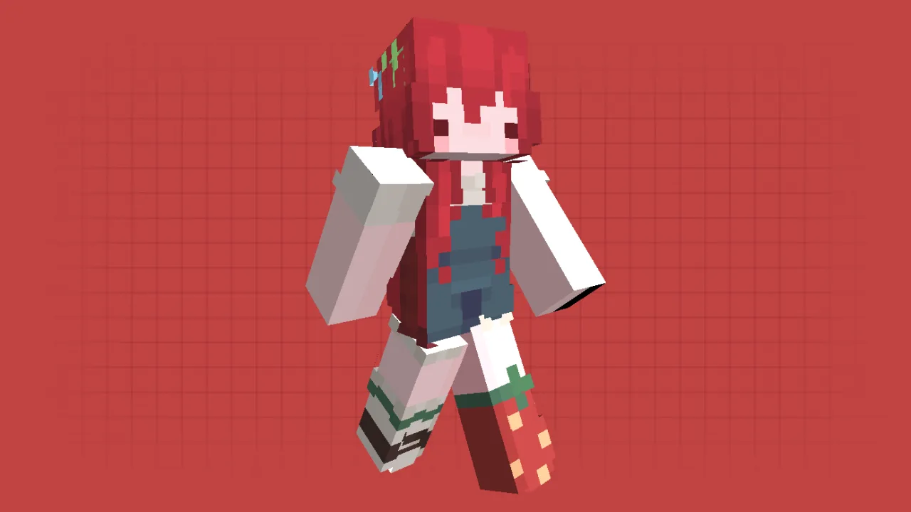 Aesthetic Minecraft girl skin with long red hair, denim overalls, and strawberry-themed boots
